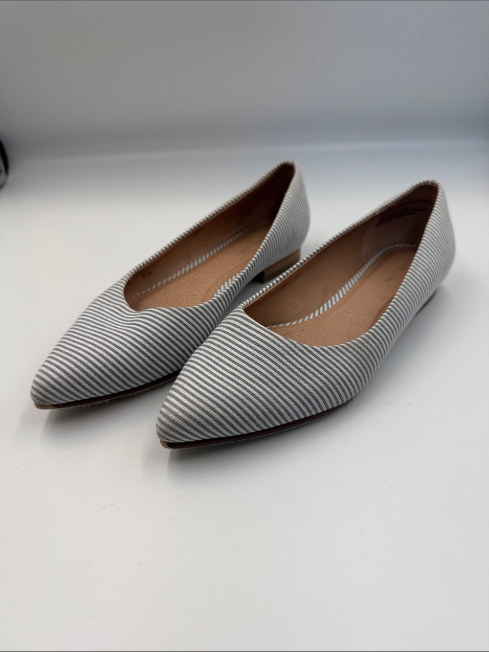 Caslon Striped Pointed-Toe Flats in White and Gray